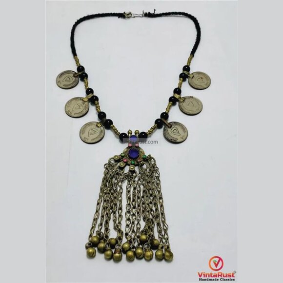 Coins and Beads Chain Necklace: Tribal Handmade Afghan Pendant - Picture 3 of 7